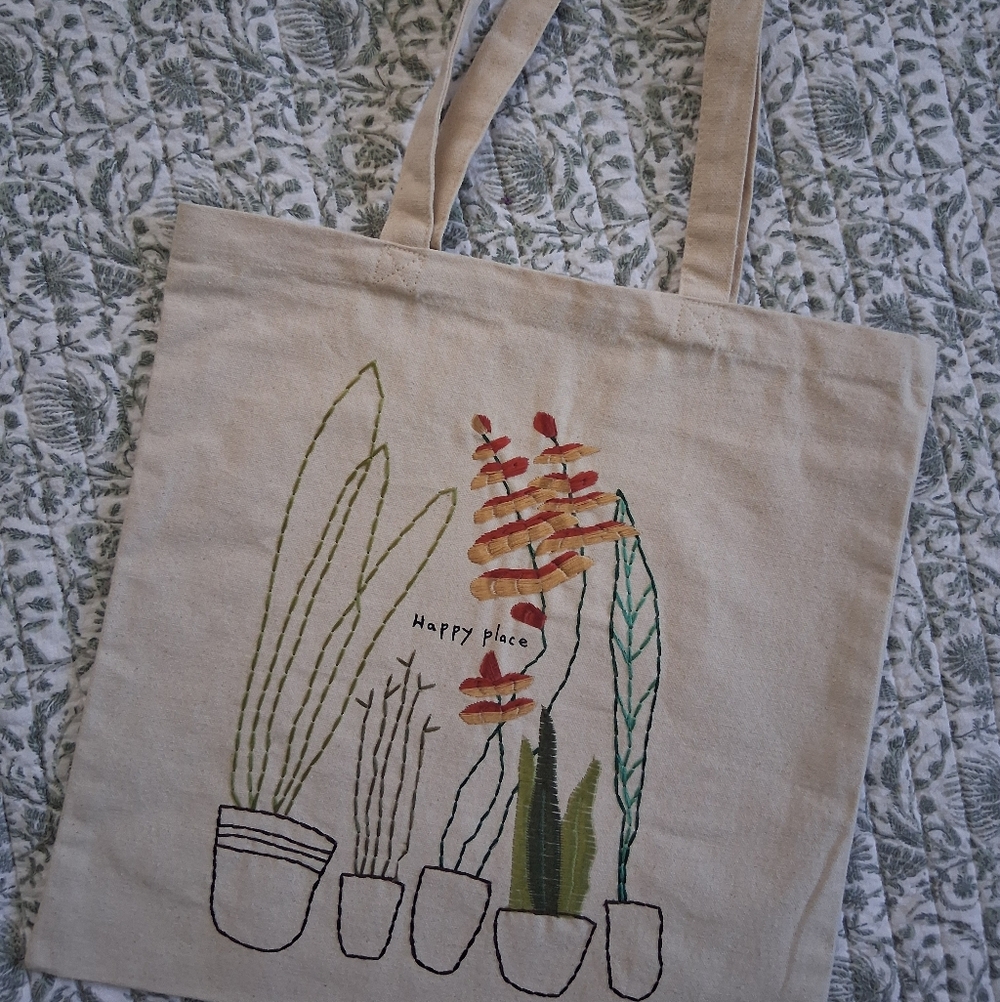 Shoulder Bag With Houseplant Embroidery Cotton